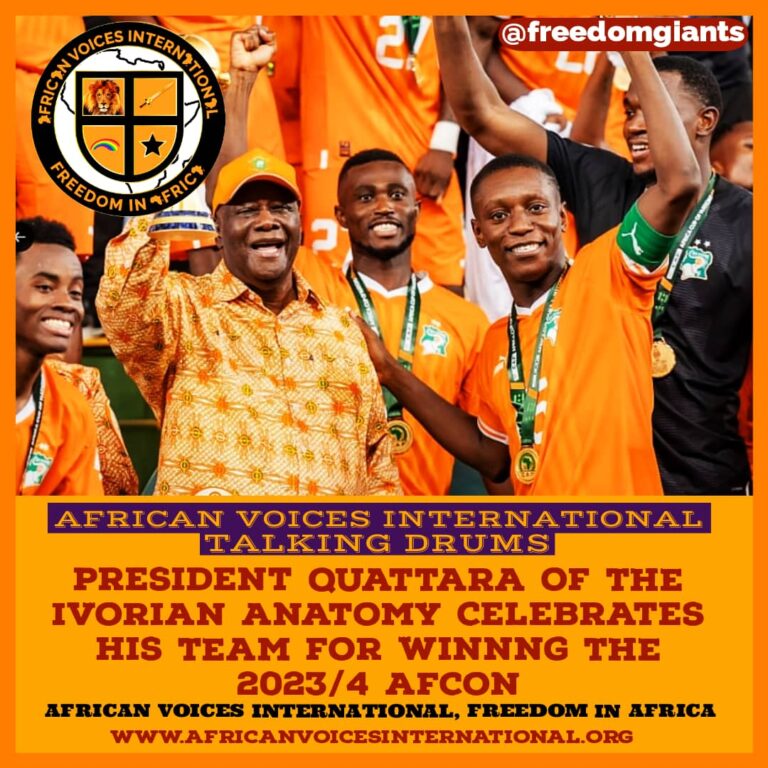 PRESIDENT QUATTARA OF THE IVORIAN ANATOMY CELEBRATES HIS TEAM FOR WINNNG THE 2023/4 AFCON